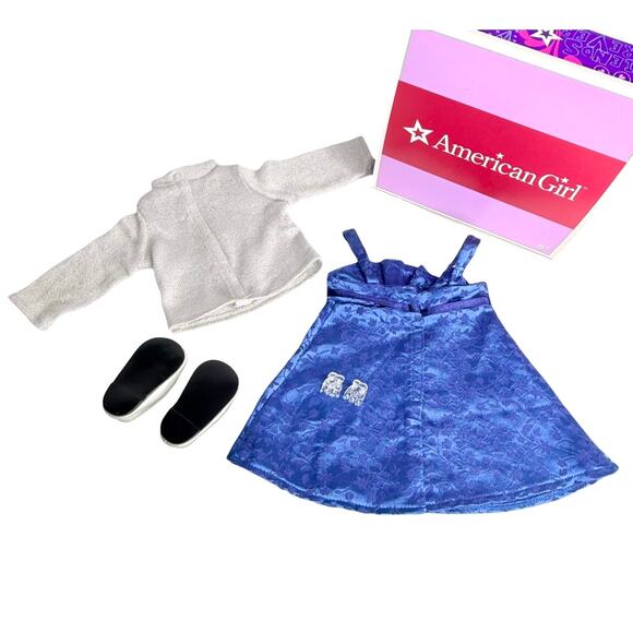 American Girl Sapphire Party Outfit Blue Dress Silver Shoes Sweater Hair Clips - Picture 3 of 11